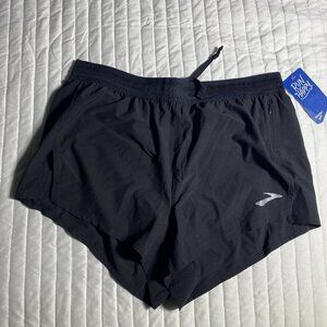 Brooks Men Size Medium Black 3" Split Short Zip Pocket Drawstring
